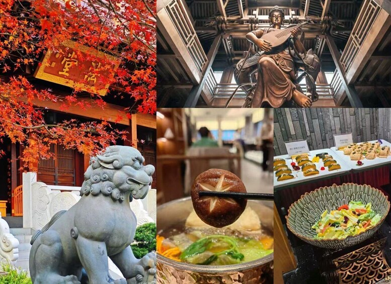 A traditional Japanese temple, autumn leaves, a statue of a lion, a hot pot dish, and a variety of Japanese snacks. 4