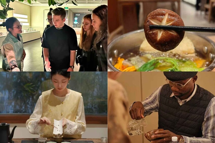 A person holding a food item with a star-shaped cutout, a person pouring a drink, and a person preparing food. 1