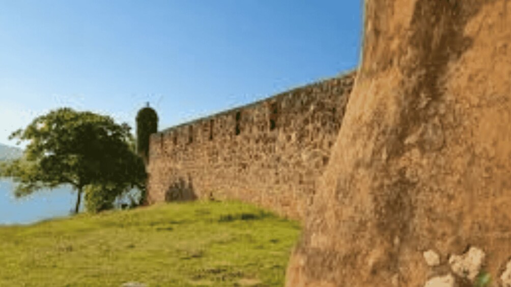 A stone wall, a grassy hill, and a tree. 5