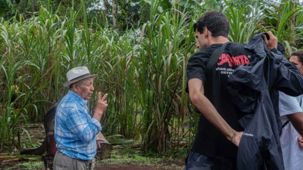Two people in a field with tall green plants, one wearing a plaid shirt and hat, and the other in a black shirt with red text. 1