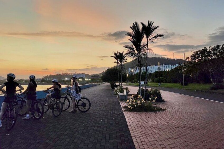 A sunset with cyclists on a paved path, palm trees, and a distant building. 3