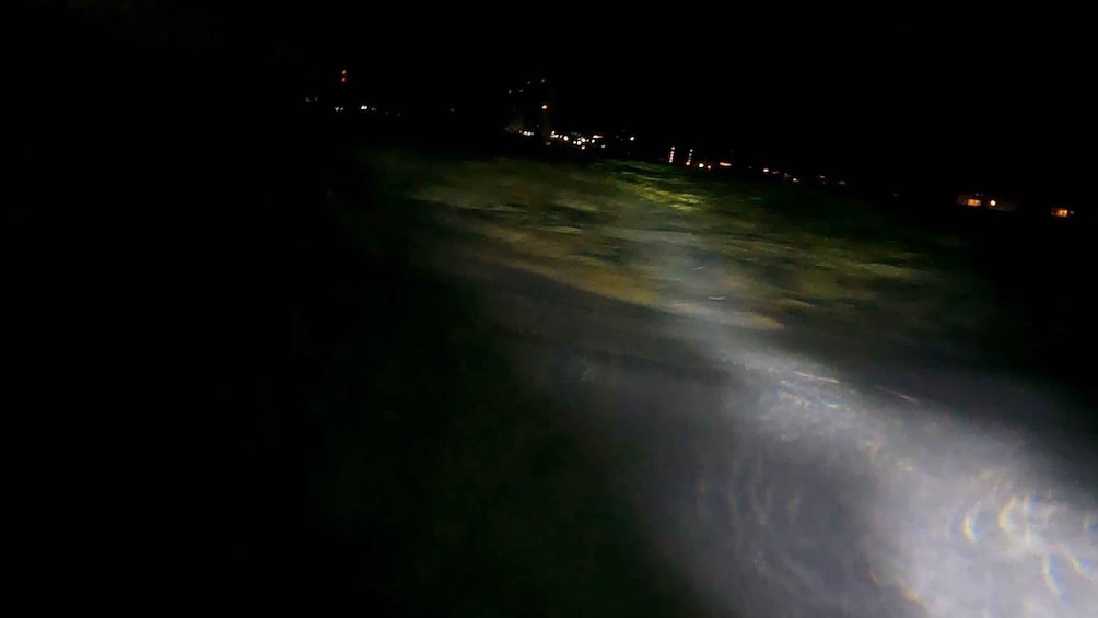 A nighttime view of a body of water with a distant shoreline and lights. 2