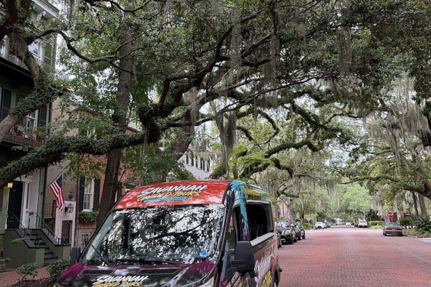 A red tour bus with 'Shangri-La' written on it, parked on a tree-lined street. 2