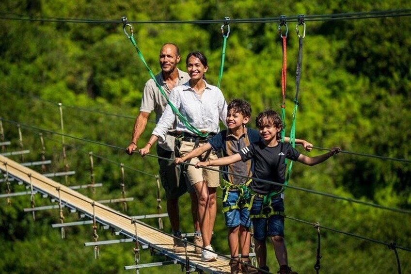 A group of people on a zip line with a forested background. 4