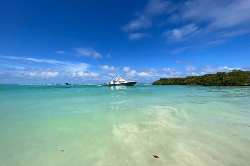 A boat on turquoise water with a clear sky and a forested island in the background. 5