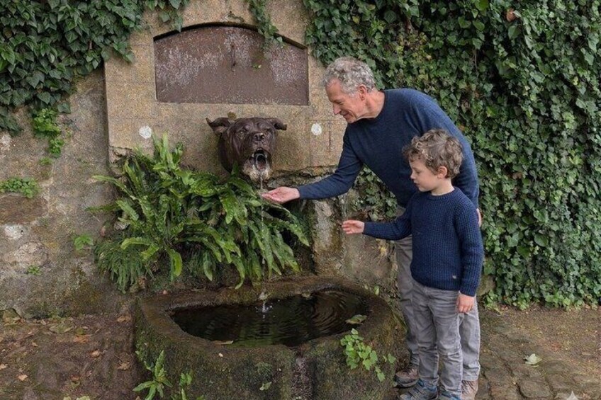 A man and a child interacting with a stone fountain surrounded by greenery. 1