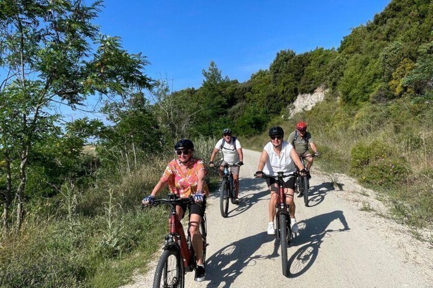 Four cyclists on a dirt path surrounded by greenery. 1