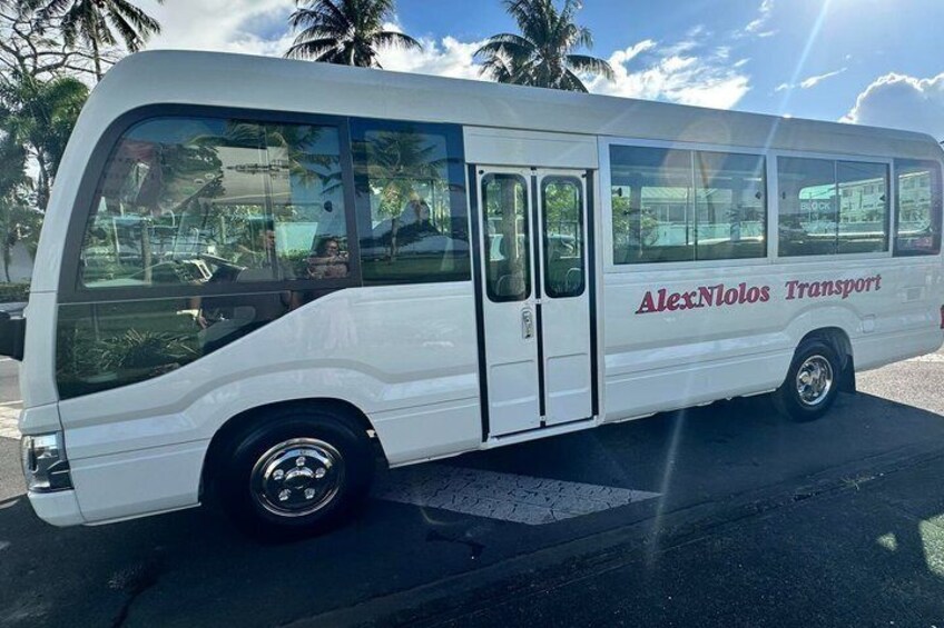 A white bus with 'AlexNololos Transport' written on the side parked on a street. 2