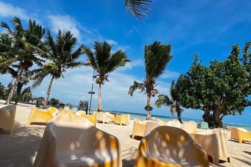 A beach with rows of yellow chairs, palm trees, and a clear blue sky. 1