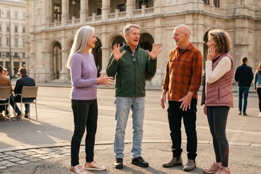Four people standing on a city street with historic buildings in the background. 2