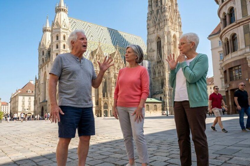 Three people standing in a square with historic buildings in the background. 4