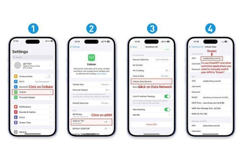 Four smartphones displaying different settings screens. 5