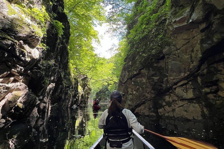 A person paddling a canoe through a narrow, rocky waterway surrounded by lush greenery. 1