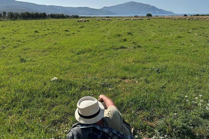 A person sitting in a grassy field with mountains in the background. 2