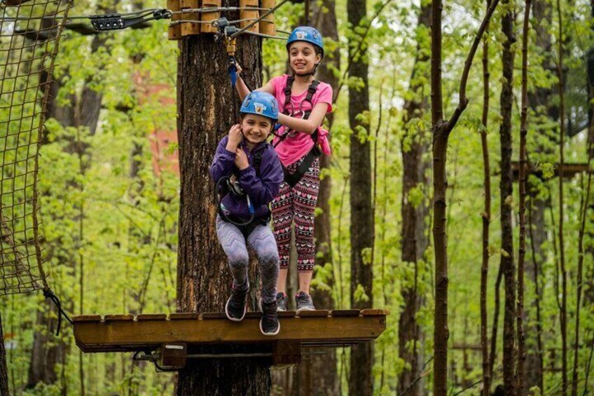 Two people on a tree platform in a forest. 5