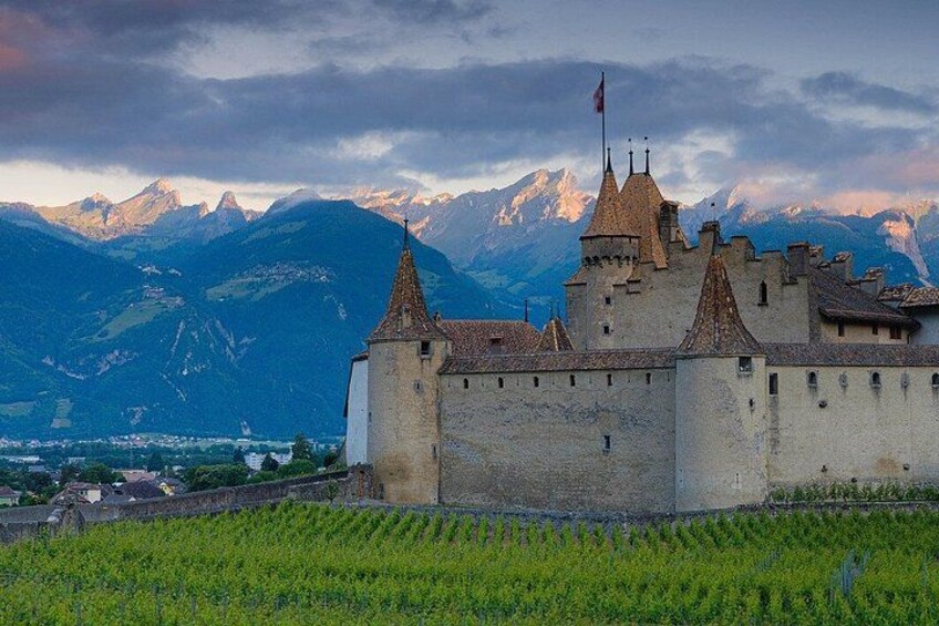 A castle with multiple towers, surrounded by a vineyard, with mountains in the background. 2
