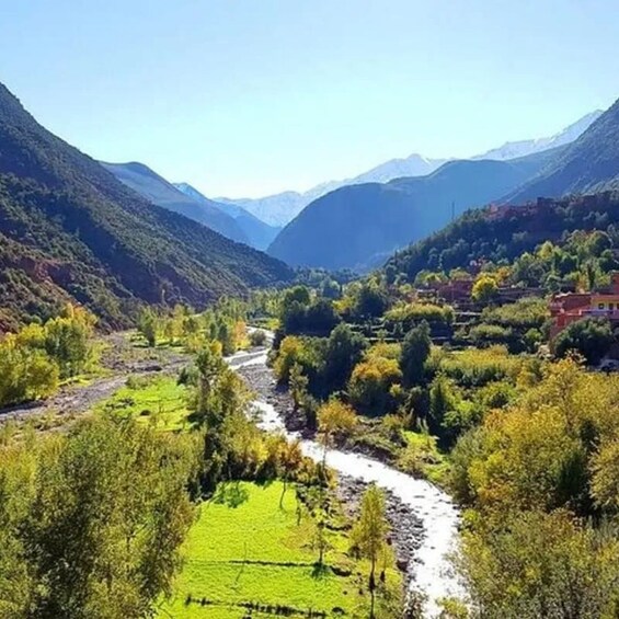 A valley with a river, green fields, and mountains in the background. 1
