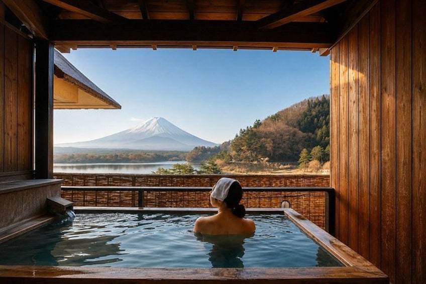 A person in a hot spring with a view of a mountain. 3