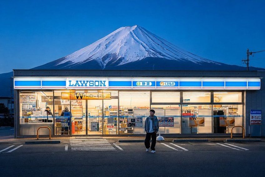 A Lawson convenience store with a snow-capped mountain in the background. 4