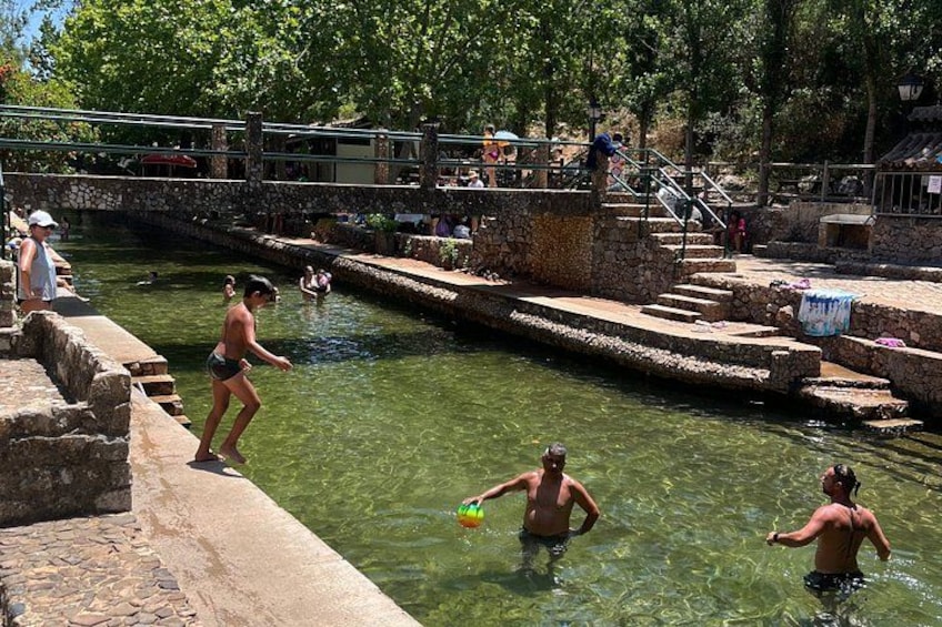 A swimming pool with people in it, surrounded by stone steps and trees. 5