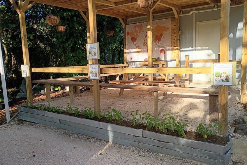 A wooden pavilion with benches, a raised garden bed, and informational signs. 4