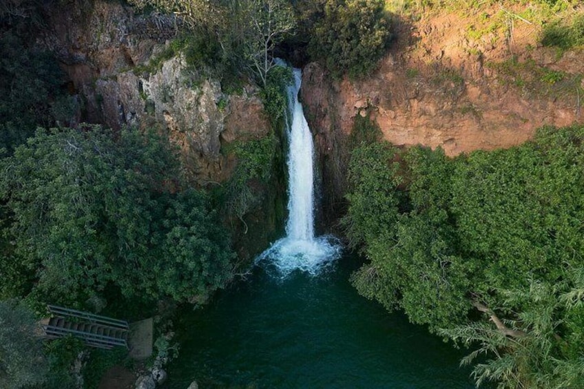 A waterfall surrounded by dense greenery. 1