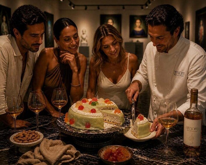 A group of people cutting a cake with a chef present. 3
