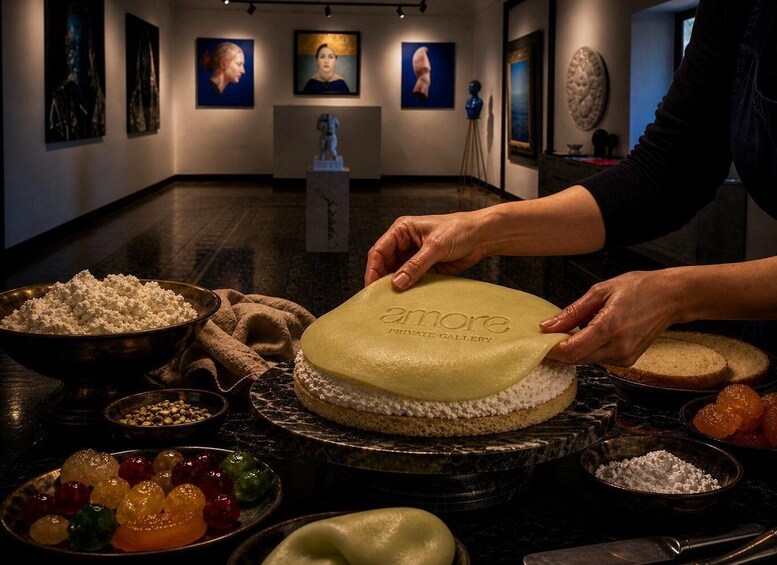 A person preparing a cake with 'Amore Private Gallery' on the top. 1
