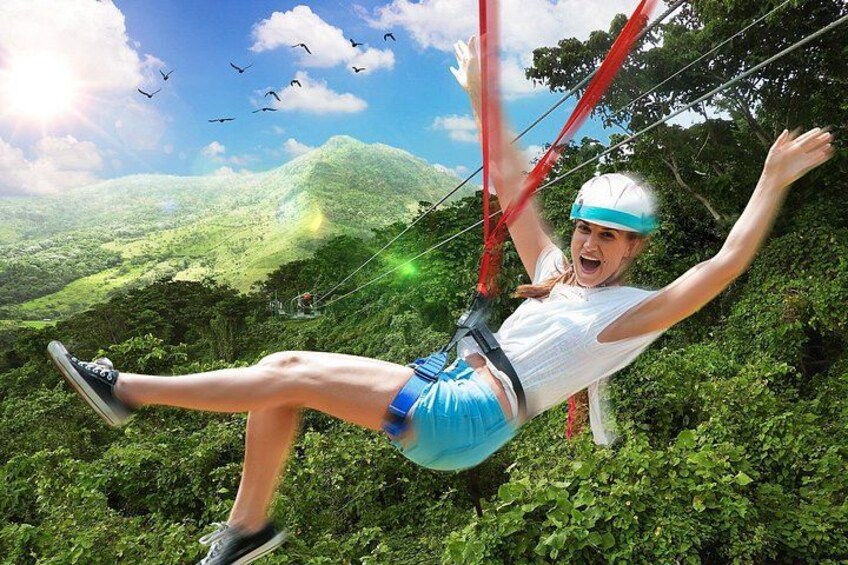 A person bungee jumping with a harness, surrounded by lush greenery and mountains. 1