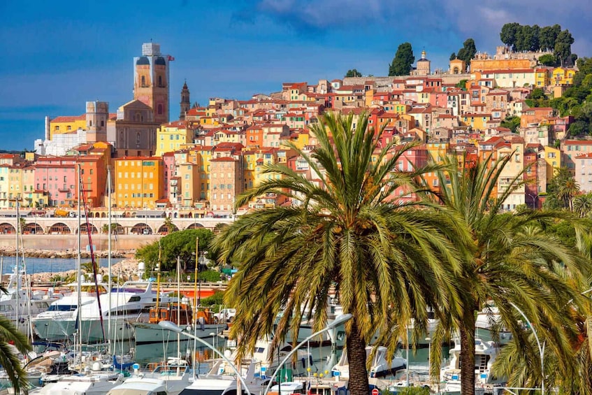 Paesaggio costiero con edifici colorati, un'imponente torre di chiesa e un porto turistico con barche. 3