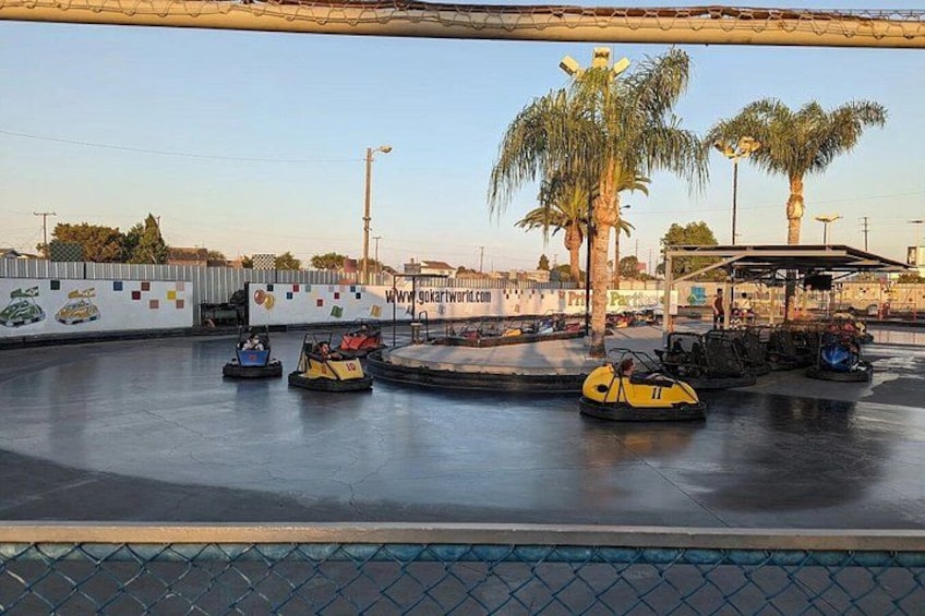 Bumper cars at an amusement park with palm trees and a clear sky. 3