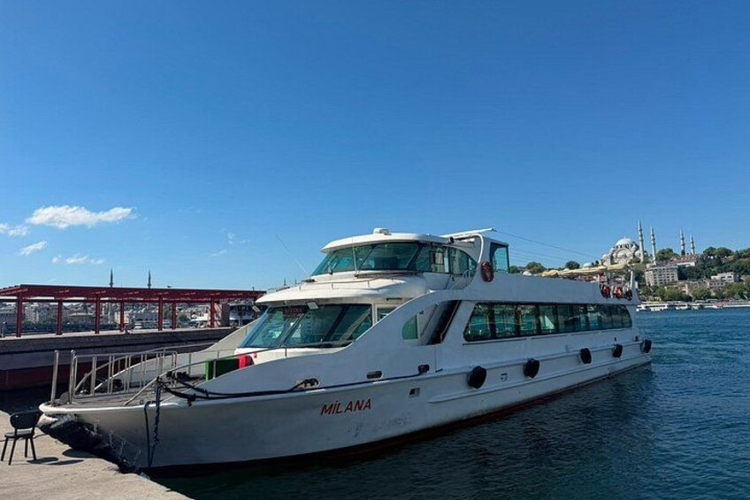 A white yacht named 'MILANA' docked at a pier with a clear blue sky and a cityscape in the background. 4