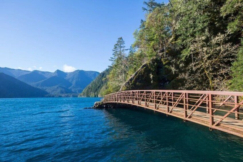 A wooden bridge over a lake with mountains in the background. 5