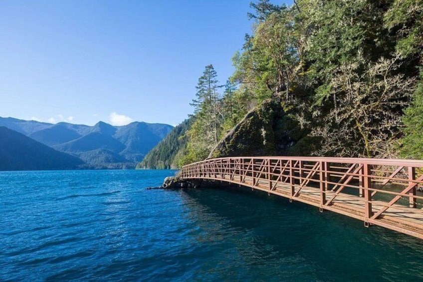 A wooden bridge over a lake with mountains in the background. 5