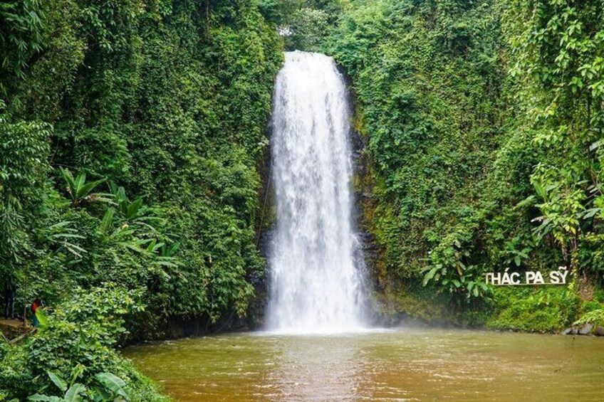 A waterfall surrounded by dense green foliage. 2