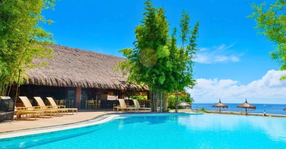 A poolside area with lounge chairs, a thatched-roof structure, and a view of the ocean. 1