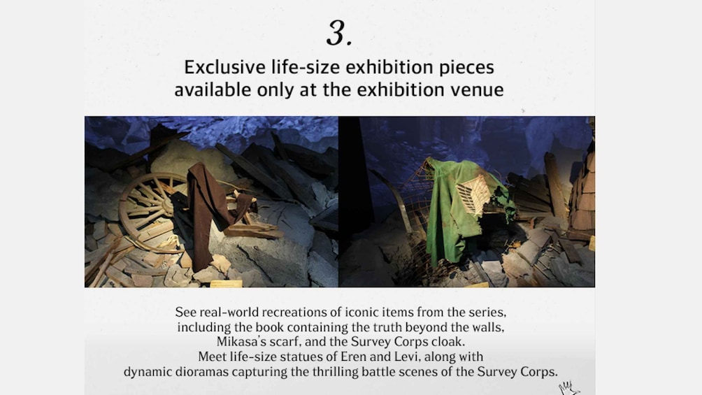 Life-size exhibition pieces of iconic items from a series, including a book, a scarf, and a cloak. 5