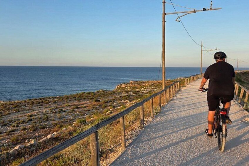 A person riding a bicycle on a paved path beside a body of water. 4