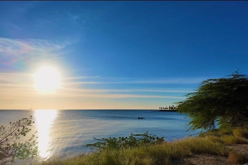 A calm sea at sunset with a boat in the distance and a tree on the shore. 4