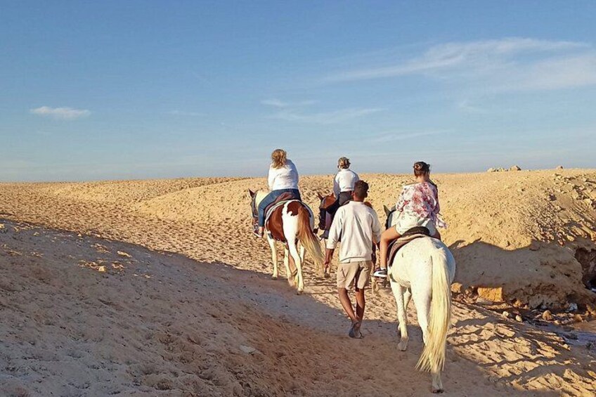 Des personnes à cheval évoluent sur un terrain sablonneux, sous un ciel dégagé. 3
