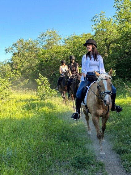 Three people riding horses on a dirt path surrounded by greenery. 2