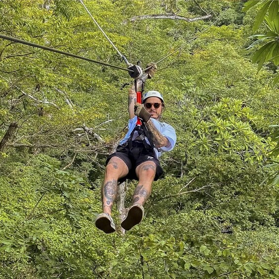 A person zip-lining through a dense forest. 2