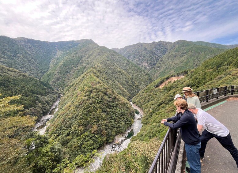 Un grupo de personas observando un valle fluvial desde un puente. 3