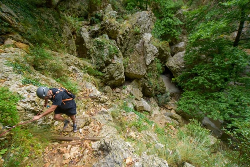 A hiker navigating a rocky, forested trail. 5