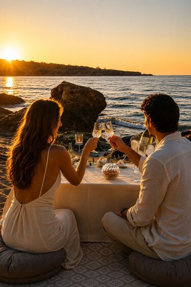 Two people sitting on a blanket by the sea at sunset. 1