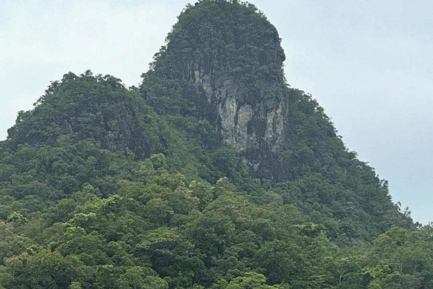 A mountainous landscape with dense green foliage and a prominent rocky peak. 3