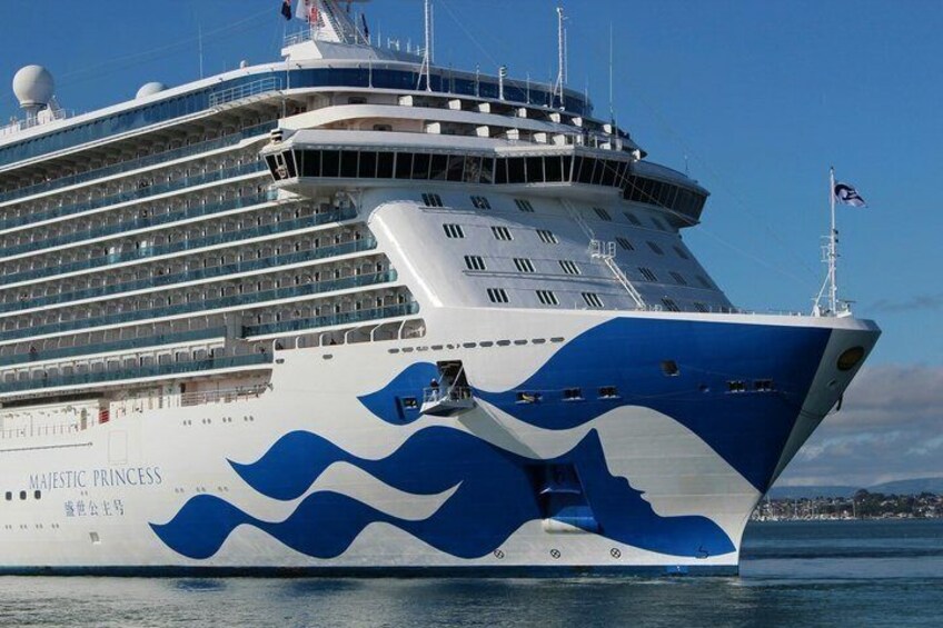 A large cruise ship named 'Majestic Princess' with multiple decks and a blue wave design on its bow. 1