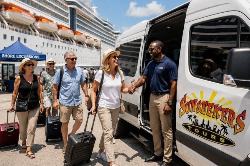 A group of people disembarking from a cruise ship, a white van labeled 'Sunseekers Tours,' and a 'Shore Excursions' tent in the background. 5