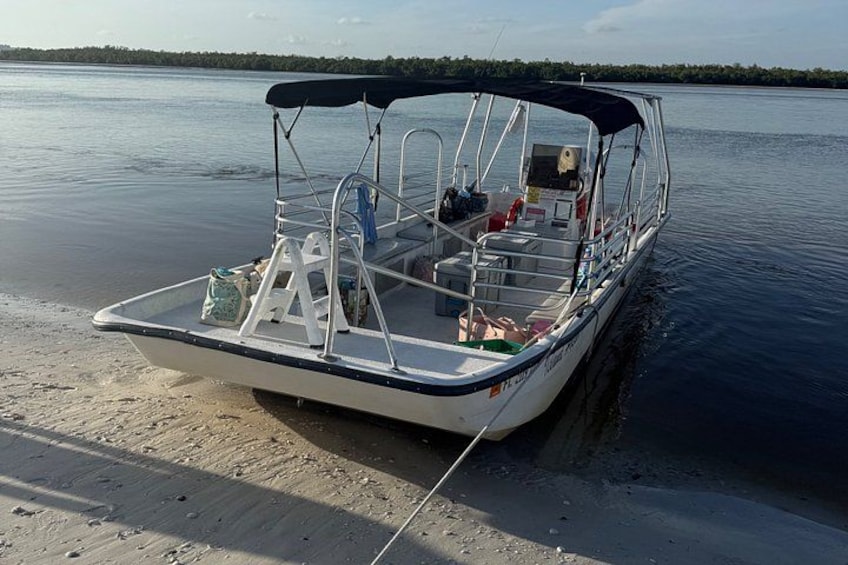 A boat with a canopy, anchored near a sandy shore. 3