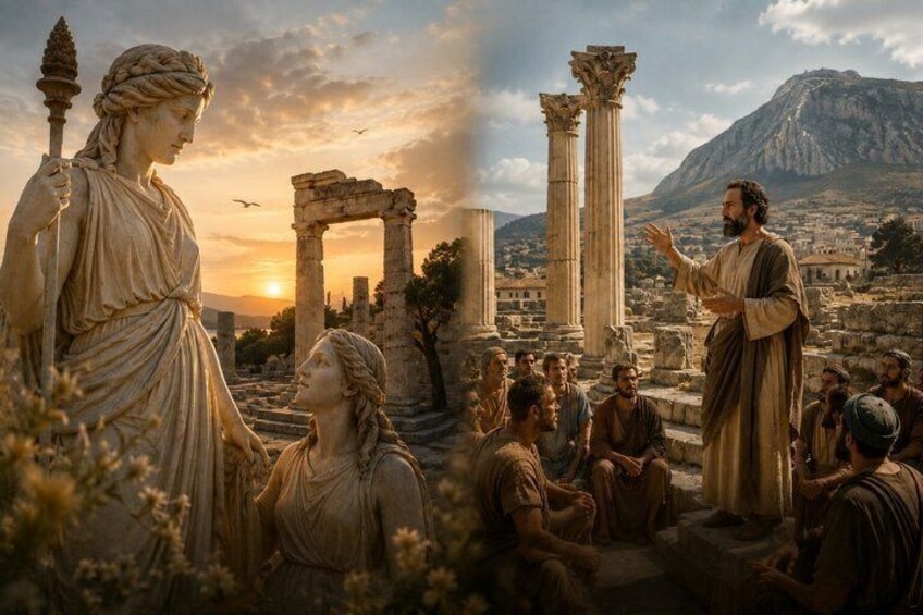 Ancient ruins, a statue, and a group of people in a historical setting. 1